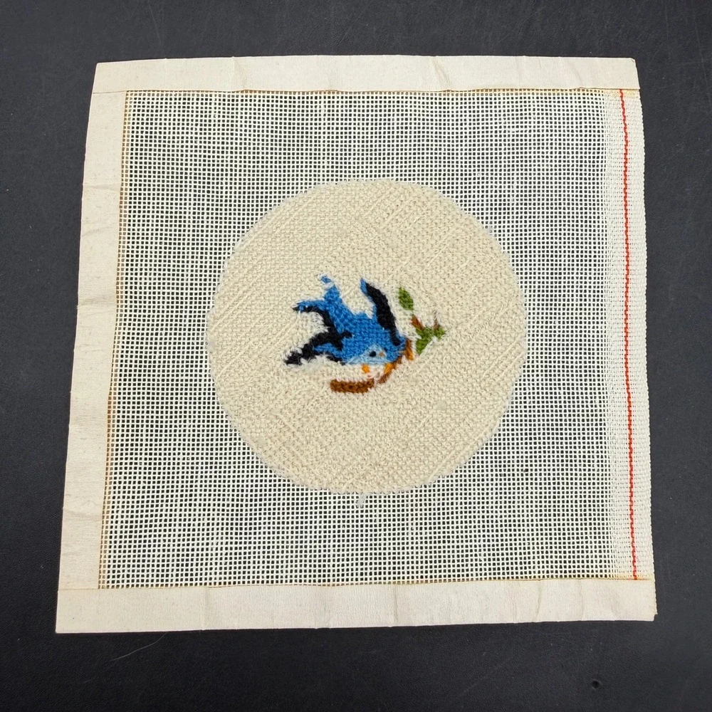 Vintage Needlepoint Bluebird Canvas Art Home Decor Small Blue White Bird Cottage